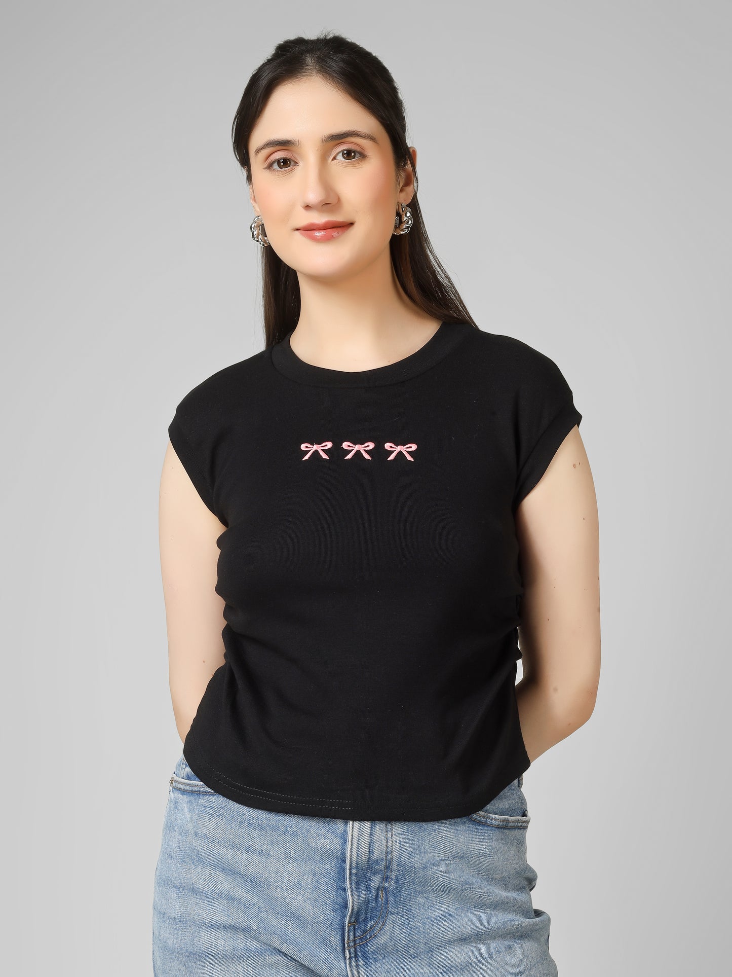 Women Slim Fit Crop Top with Bow Embroidery | MUSE & MODE