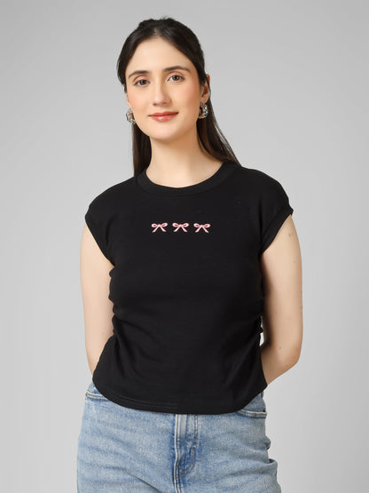 Women Slim Fit Crop Top with Bow Embroidery | MUSE & MODE
