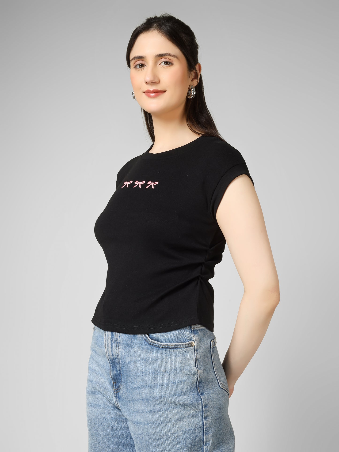 Women Slim Fit Crop Top with Bow Embroidery | MUSE & MODE