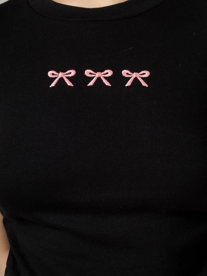 Women Slim Fit Crop Top with Bow Embroidery | MUSE & MODE