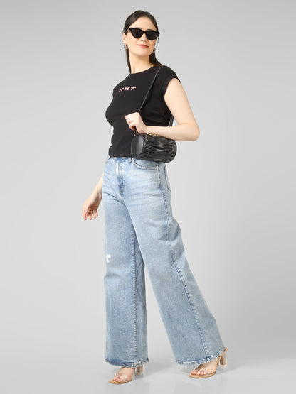 Women Slim Fit Crop Top with Bow Embroidery | MUSE & MODE