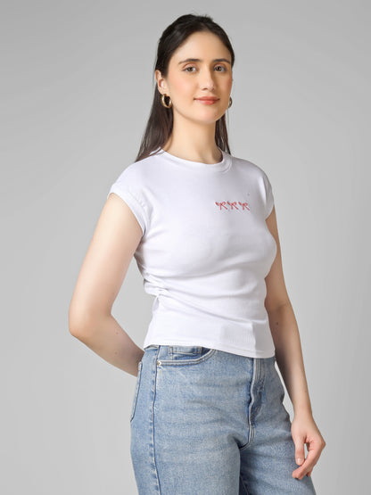 Women Slim Fit Crop Top with Bow Embroidery | MUSE & MODE