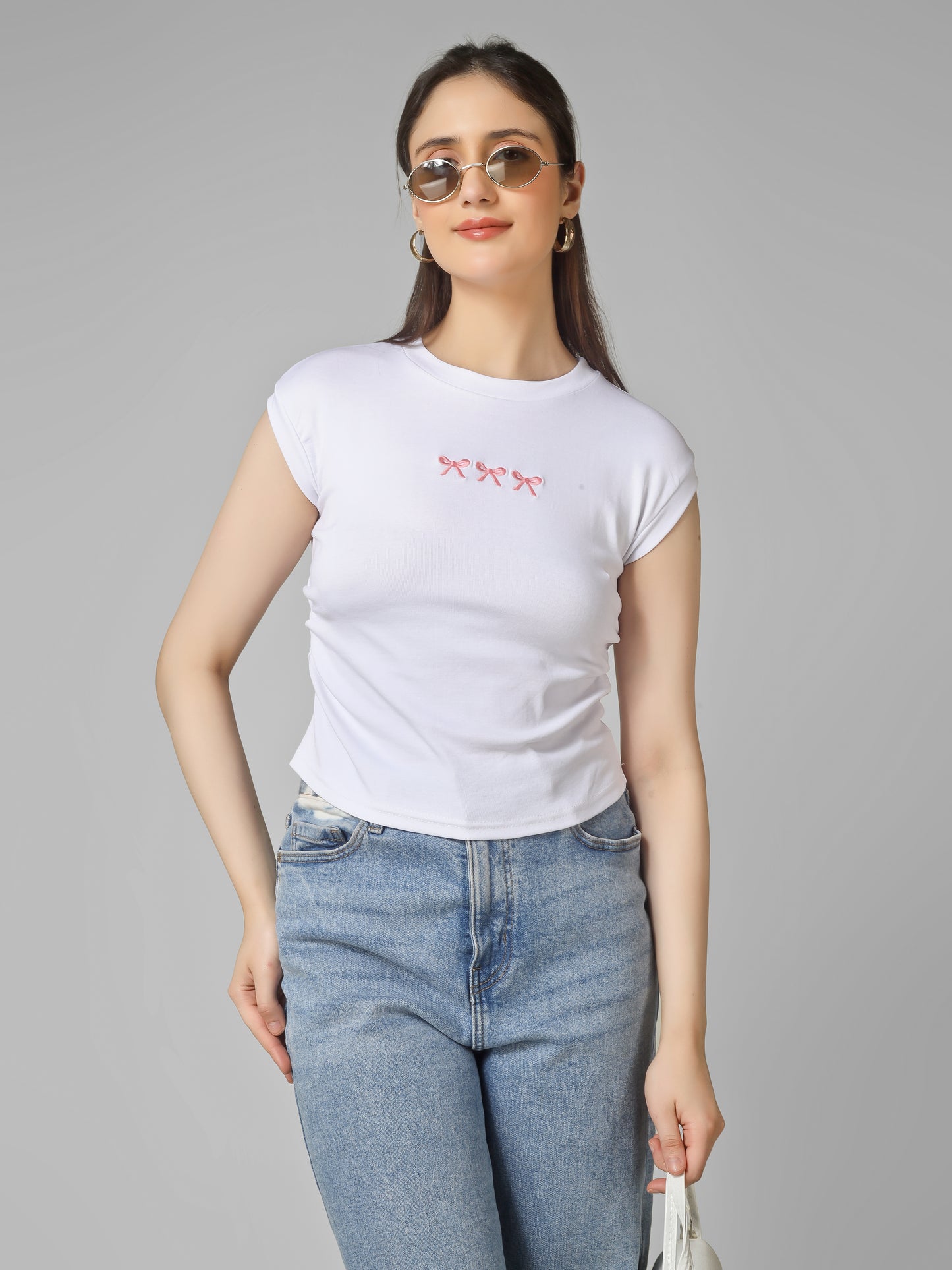 Women Slim Fit Crop Top with Bow Embroidery | MUSE & MODE