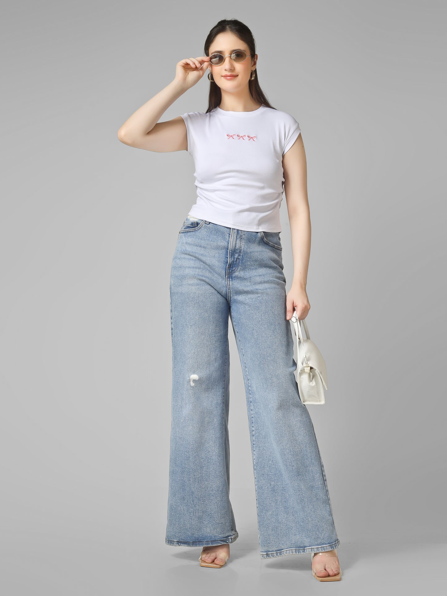 Women Slim Fit Crop Top with Bow Embroidery | MUSE & MODE