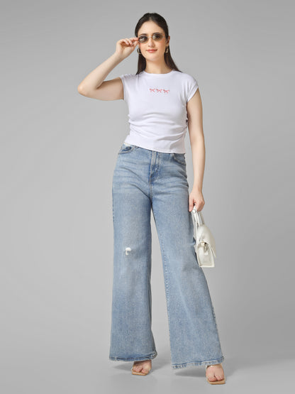 Women Slim Fit Crop Top with Bow Embroidery | MUSE & MODE