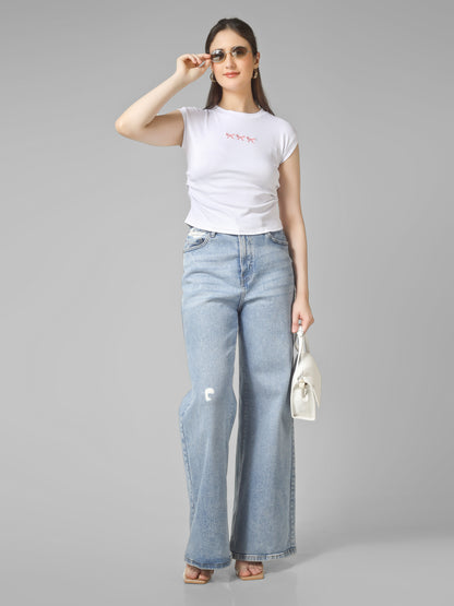 Women Slim Fit Crop Top with Bow Embroidery | MUSE & MODE