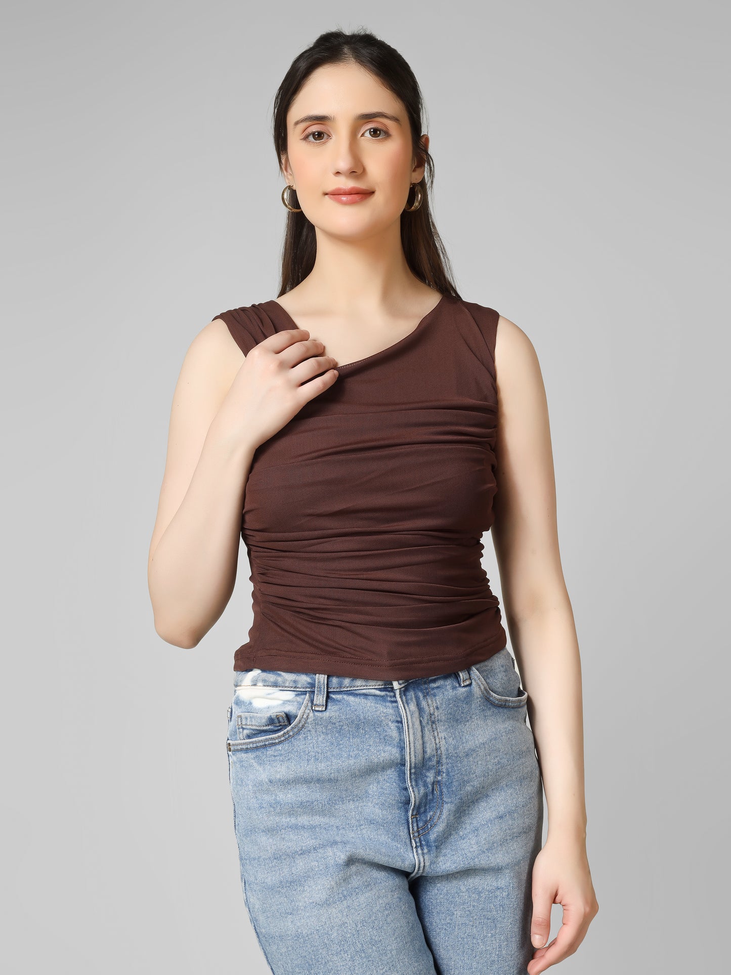 Brown Ruched Crop Top for Women | Fitted Stretch Top | Trendy Gen Z Aesthetic