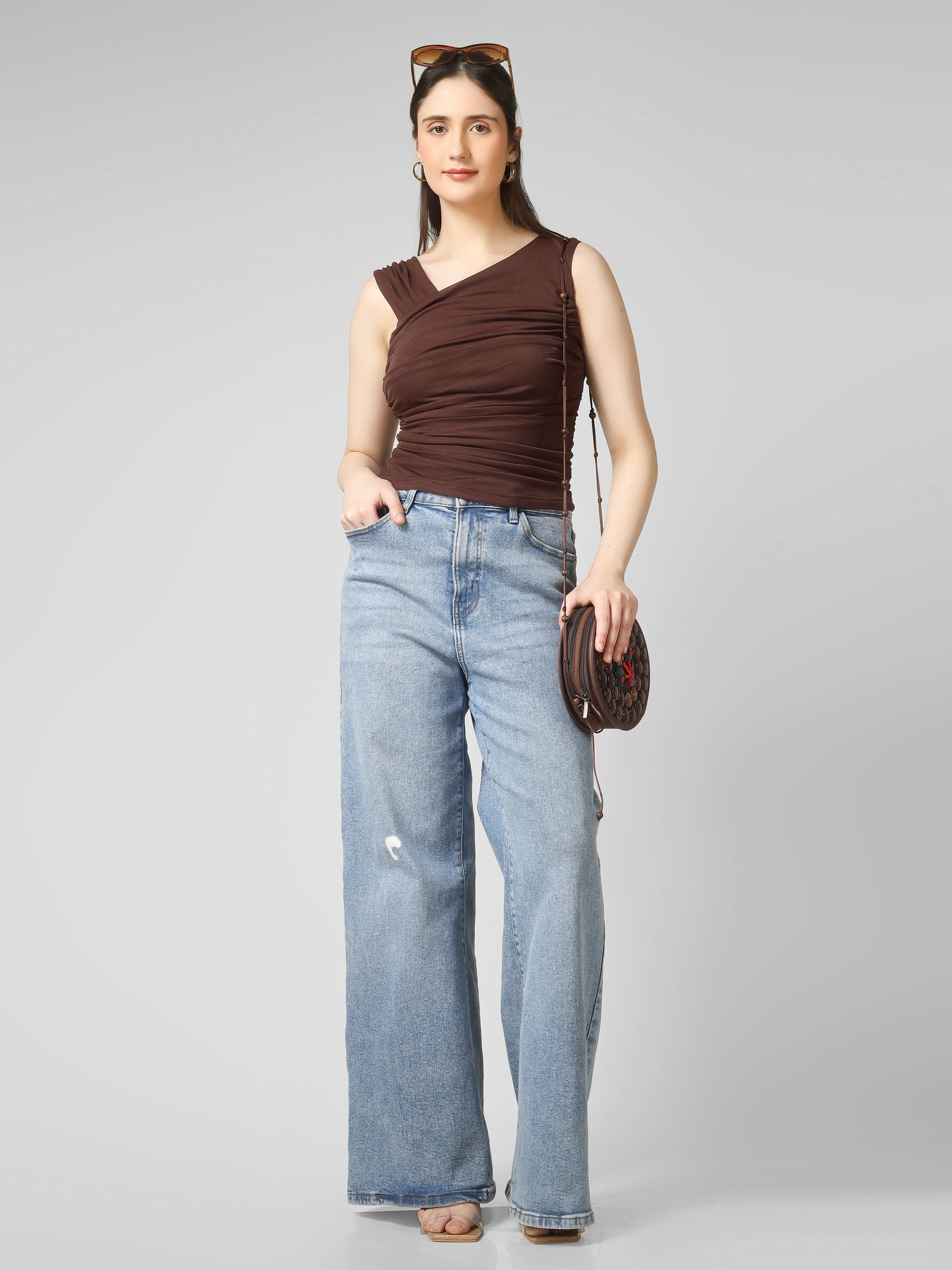Brown Ruched Crop Top for Women | Fitted Stretch Top | Trendy Gen Z Aesthetic