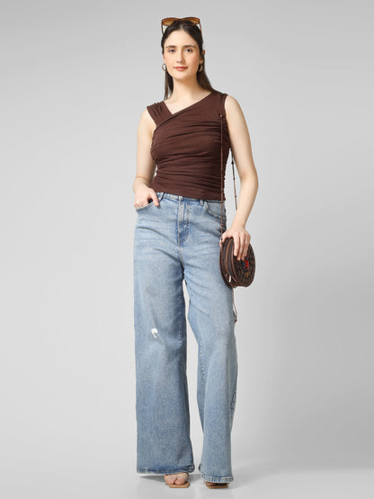 Brown Ruched Crop Top for Women | Fitted Stretch Top | Trendy Gen Z Aesthetic