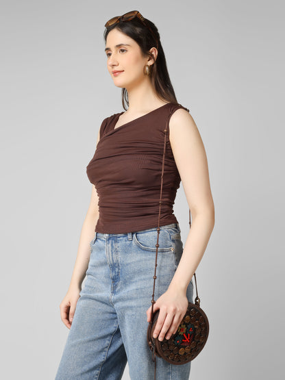 Brown Ruched Crop Top for Women | Fitted Stretch Top | Trendy Gen Z Aesthetic