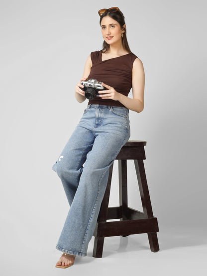 Brown Ruched Crop Top for Women | Fitted Stretch Top | Trendy Gen Z Aesthetic