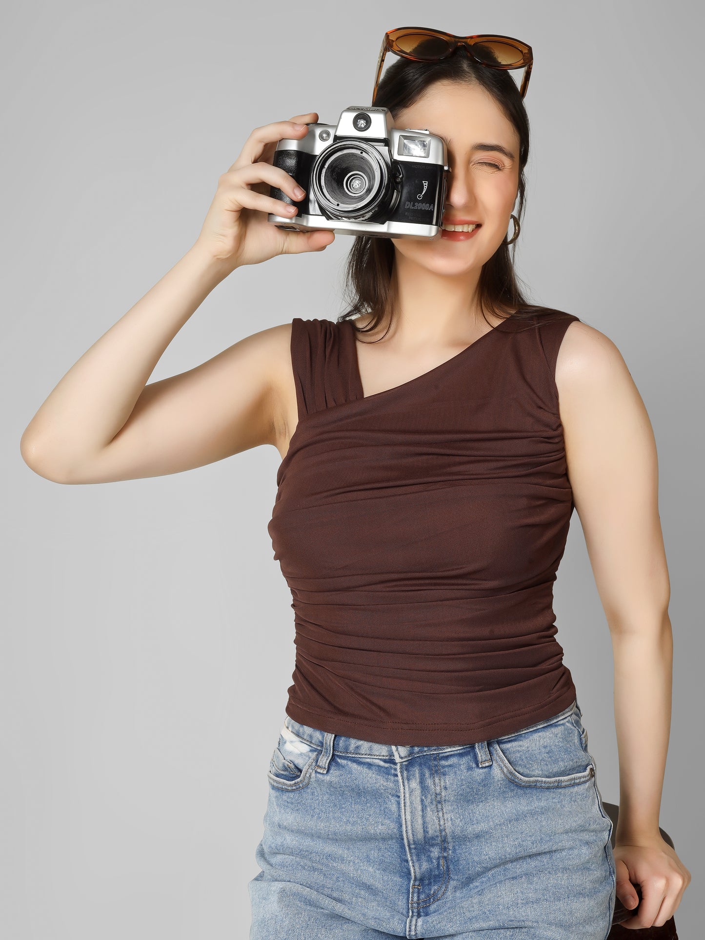 Brown Ruched Crop Top for Women | Fitted Stretch Top | Trendy Gen Z Aesthetic