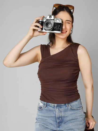 Brown Ruched Crop Top for Women | Fitted Stretch Top | Trendy Gen Z Aesthetic