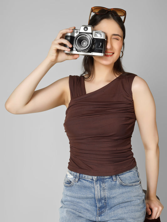 Brown Ruched Crop Top for Women | Fitted Stretch Top | Trendy Gen Z Aesthetic