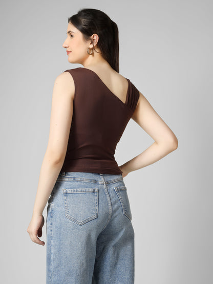 Brown Ruched Crop Top for Women | Fitted Stretch Top | Trendy Gen Z Aesthetic