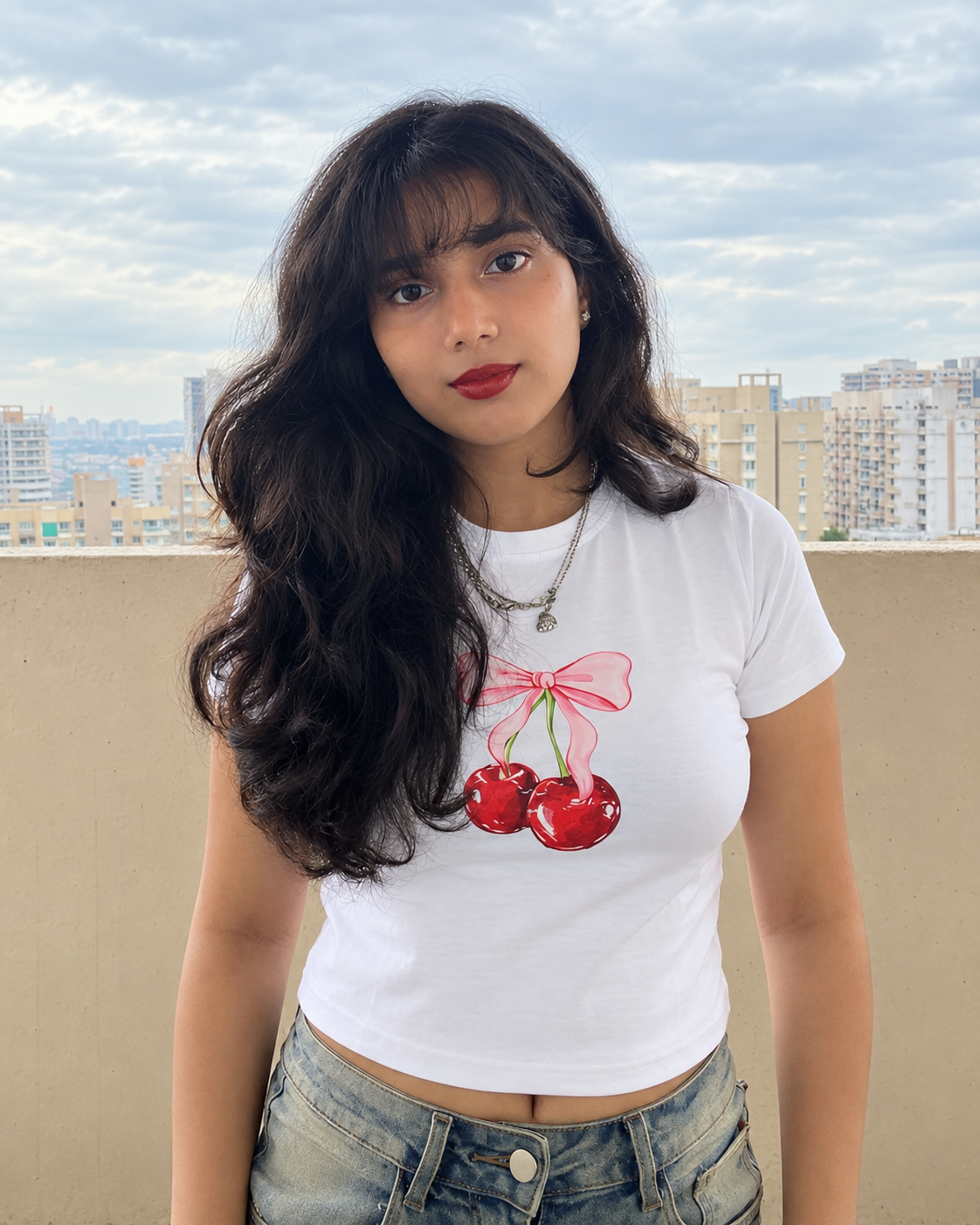 Cherry & Pink Bow White Fitted Baby Tee