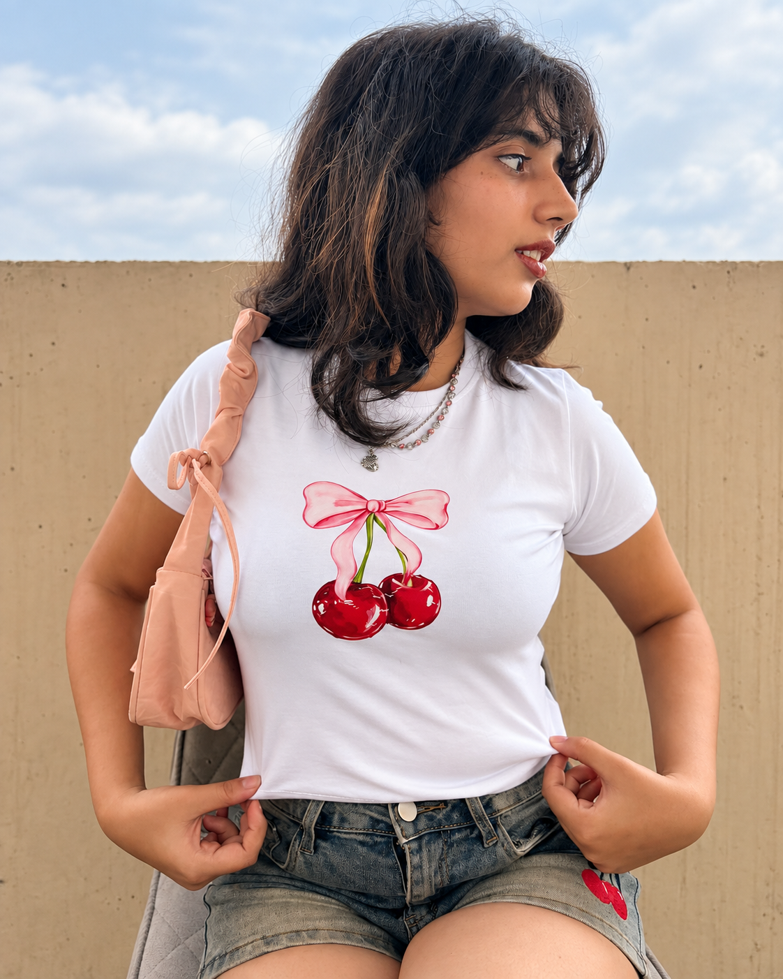 Cherry & Pink Bow White Fitted Baby Tee