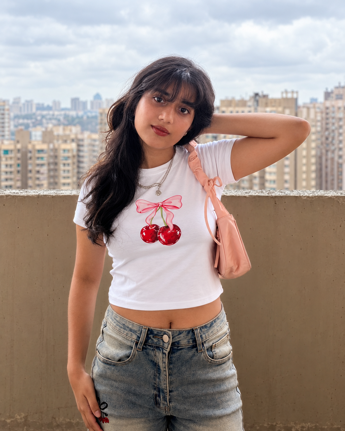 Cherry & Pink Bow White Fitted Baby Tee