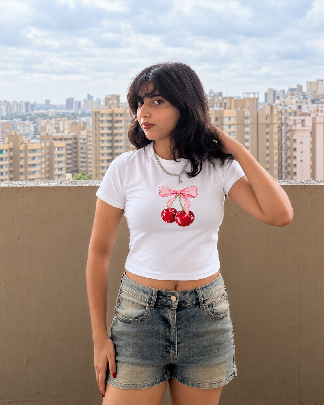 Cherry & Pink Bow White Fitted Baby Tee