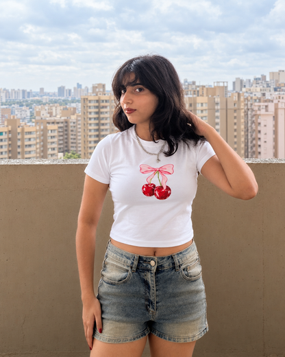 Cherry & Pink Bow White Fitted Baby Tee