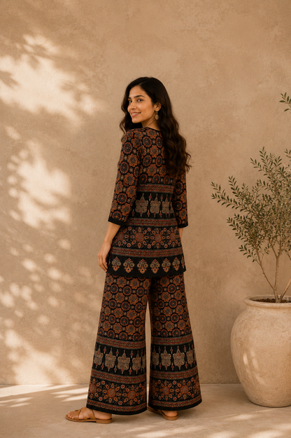 Women's Premium Printed Cotton Co-Ord Set | Ajrakh Inspired Kurta & Palazzo Set | Casual, Office & Daily Wear