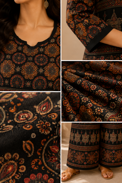 Women's Premium Printed Cotton Co-Ord Set | Ajrakh Inspired Kurta & Palazzo Set | Casual, Office & Daily Wear