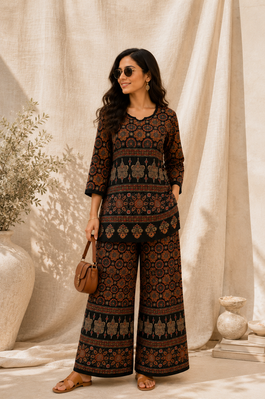Women's Premium Printed Cotton Co-Ord Set | Ajrakh Inspired Kurta & Palazzo Set | Casual, Office & Daily Wear