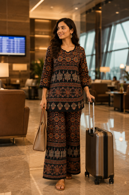 Women's Premium Printed Cotton Co-Ord Set | Ajrakh Inspired Kurta & Palazzo Set | Casual, Office & Daily Wear