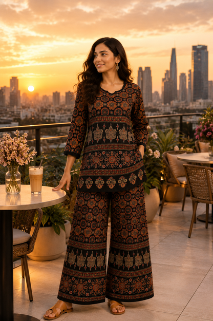 Women's Premium Printed Cotton Co-Ord Set | Ajrakh Inspired Kurta & Palazzo Set | Casual, Office & Daily Wear