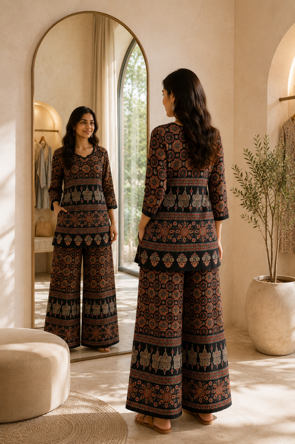 Women's Premium Printed Cotton Co-Ord Set | Ajrakh Inspired Kurta & Palazzo Set | Casual, Office & Daily Wear