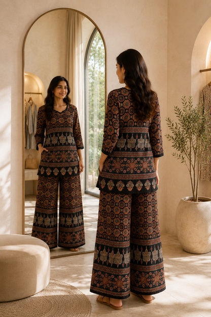 Women's Premium Printed Cotton Co-Ord Set | Ajrakh Inspired Kurta & Palazzo Set | Casual, Office & Daily Wear