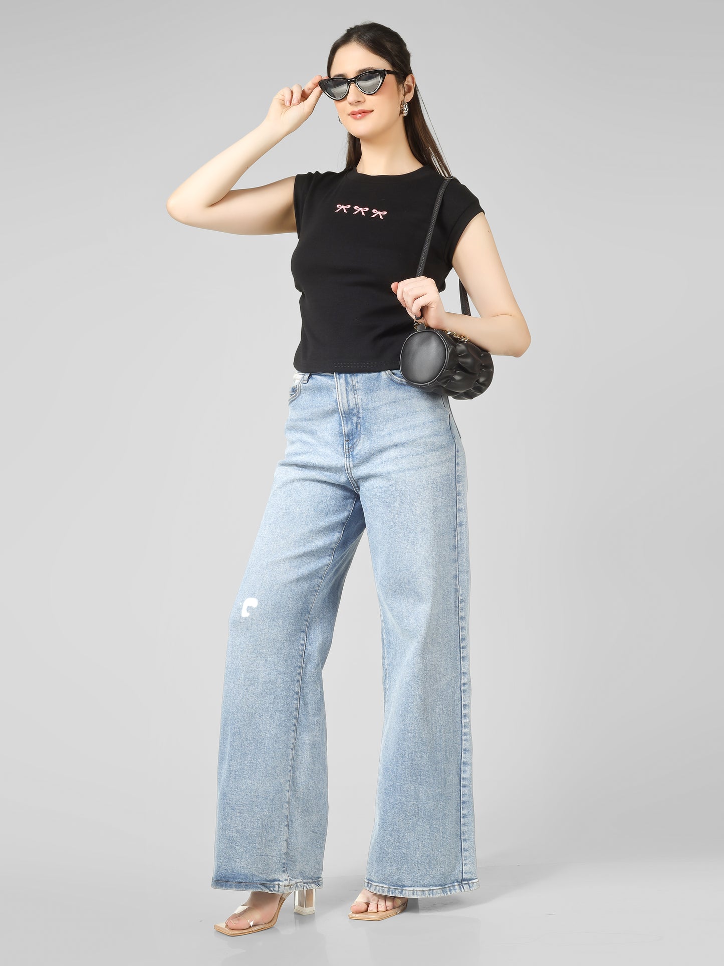 Women black slim fit crop top with bow embroidery by MUSE & MODE