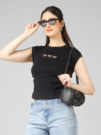 Women Slim Fit Crop Top with Bow Embroidery | MUSE & MODE