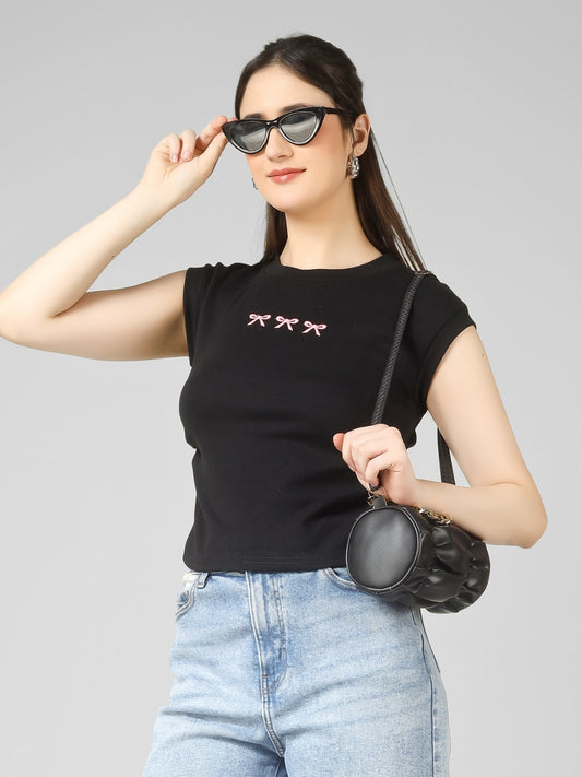 Women Slim Fit Crop Top with Bow Embroidery | MUSE & MODE