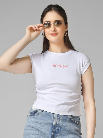 Women Slim Fit Crop Top with Bow Embroidery | MUSE & MODE