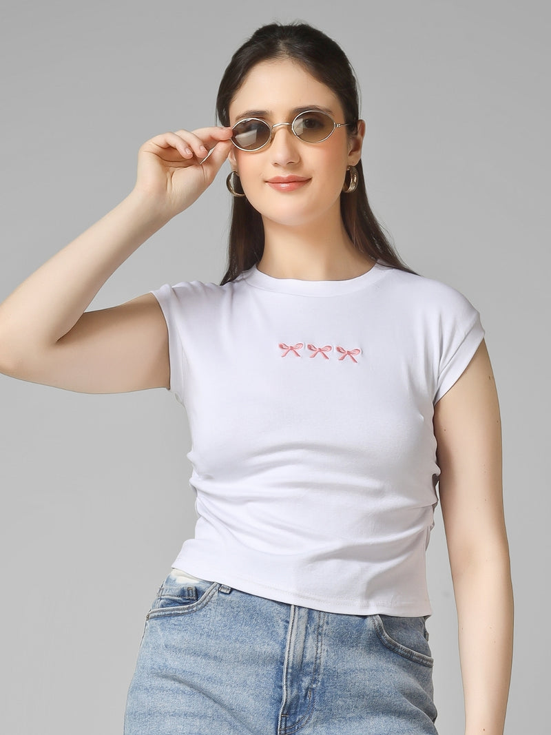 Women Slim Fit Crop Top with Bow Embroidery | MUSE & MODE